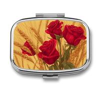 Valentine's Day Red Roses and Wheat Pill Box 2 Compartment Portable Medicine Pill Case Travel Pill Organizer for Pocket Purse
