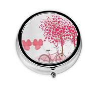 Valentine's Day Romantic Heart Trees Bicycle Print Mini Metal Pill Box 2.0x2.0x0.7 in Round Travel Medicine Pill Organizer Box for Purse Pocket