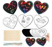 Valentine's Day Scratch Paper Heart Shaped Scratch Craft Kit Include 12 Art Valentine Crafts Heart Scratch Paper 12 Wooden Styluses 12 Ribbons for Kids DIY Art Decoration Valentine's Day Wedding Party