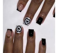 Valentine's Day Short Square False Nails Black White Heart Designs Press On Nails Stick on Nails for Everyday Use 24Pcs