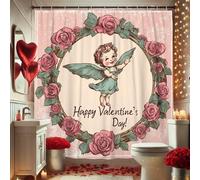 Valentine's Day Shower Curtain, Vintage Angel Floral Design Peach Rose Bathroom Decor, Romantic Style Waterproof Fabric Shower Curtain Set with Hooks 62x72 Inch