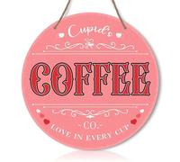 Valentine's Day Signs Decor, Cupid's Coffee Co. Love Heart Pattern Round Wood Sign Hanging Plaque, Home Kitchen Office Coffee Corner Cafe Bar Shop Wooden Decoration (12 Inch)