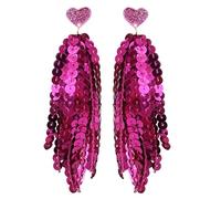 Valentine's Day Sparkle Sequins Tassel Dangle Earrings for Women Hot Pink Glitter Round Chips Tassel Drop Earrings Valentine's Day Couple Jewelry Gift, Zinc, No Gemstone
