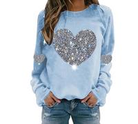 Valentines Day Sweatshirt Women Love Heart Sparkle Sequin Long Sleeve Tops Casual Round Neck Pullover Shirt Pattern Oversized Sweatshirts Fashion Cute Glitter Sequin Sweatshirt Top, Red