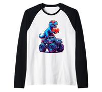 Valentines Day T rex Dinosaur Riding Truck Funny Dino Animal Raglan Baseball Tee