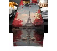 Valentine's Day Table Runner 72 Inches Long, Romantic Swan Love Heart Tower Washable Kitchen Decorations Dining Burlap Table Runner for Home Party, Restaurant, Indoor and Outdoor Dinner, 14x72in