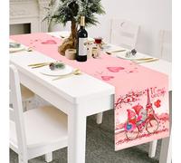 Valentine's Day Table Runner, Linen Red Bicycle Gnome Table Runner Valentines Day Runner Love Table Runners for Anniversary Wedding Holiday Kitchen Dining Table Party Decor Indoor Outdoor 13x72In