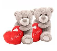Valentine's Day Teddy Bear Present x 2 Large Soft Grey Plush Toy Holding Red Love Heart with 'I Love You' Embroidery