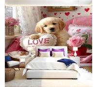 Valentine's Day Theme Wall Mural 250 x 180 cm Animal Love Puppy Non-Woven Art Print Wallpaper Mural for Walls Living Room Bedroom TV Background Boys Girls Kids Rooms Decoration