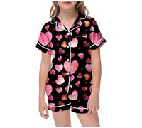 Valentine's Day Themed Printed Outfit Set for Girls Featuring Short Sleeve Button Top and Matching Shorts Red Valentine's Jumper Dress Love Heart Outfits Kids Teen Girl Clothes