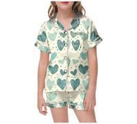 Valentine's Day Themed Printed Set for Girls Cozy Short Sleeve Button Down Top with Matching Comfy Shorts Homewear Newborn Valentines Outfit Cute Clothes Baby Girl Valentine for Kids