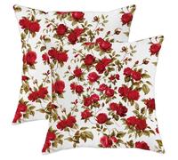 valentine's day throw pillow covers set of 2 rose floral french romantic elegant cottage core white red cozy Velvet for women square large living room decor bedroom patio sofa pillow cases 20x20inch