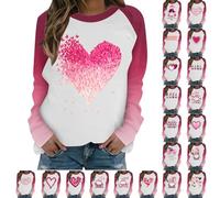 Valentine's Day Tops for Women UK Plus Size Heart Graphic Print T Shirts Ladies Raglan Sleeve Elegant Crewneck Blouse Fashion Patchwork Pink Valentine T-Shirts for Date Wear