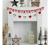Valentine's Decoration, Red Black White Buffalo Plaid Heart Felt Wooden Bead Garland for Tiered Tray Hanging XOXO Felt Banner for Home Farmhouse Office Wall Fireplace Mantel Shelf Wedding Decor, 4.6Ft