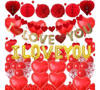 Valentines Decorations I Love You Balloons - Valentine Day Decor Romantic Heart Banner Garland Red Rose Petals Paper Honeycomb Balls, Hanging Swirl for Anniversary Wedding Engagement Proposal Party