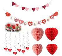 Valentines Decorations Set - 18pcs Hanging Reusable Paper Heart Decor with Banners, Swirls & Honeycomb Balls - Eco-Friendly Romantic Decorations for Anniversary, Proposal or Wedding