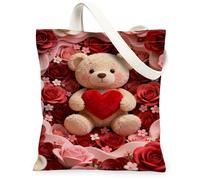 Valentine'S Floral Canvas Tote Bags, Cute Bear Heart Pattern Reusable Grocery Bags, Vintage Lightweight Washable Shoulder S, Red, 13x15 Inch