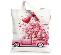 Valentine'S Floral Canvas Tote Bags, Heart Pattern Reusable Grocery Bags, Romantic Vintage Washable Shoulder Strap Canvas F, Peach, 13x15 Inch