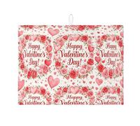 Valentine'S Floral Dish Drying Mats for Kitchen, Peach Rose Absorbent Dish Drainer Mat, Heart Pattern Microfiber Drying Pad for Counter Decor 18x24 Inch