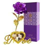 Valentines Gift,24K Rose Flower - Creative Artificial Gold Dipped Long Stem Forever Rose with Gift Box & Bag - Perfect Elegant Keepsake for Mother's Day, Anniversary, Thanksgiving Day (Purple)