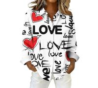Valentines Gifts for Her: Valentine's Day Blouses for Women Elegant Heart Prints Turn Down Collar Button Down Shirts Tops#7 (Black, S)