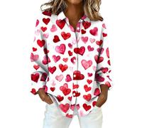 Valentines Gifts for Her: Valentine's Day Blouses for Women Elegant Heart Prints Turn Down Collar Button Down Shirts Tops#1 (Red, XXL)