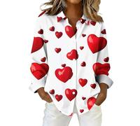 Valentines Gifts for Her: Valentine's Day Blouses for Women Elegant Heart Prints Turn Down Collar Button Down Shirts Tops#7 (White, S)