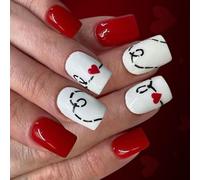 Valentines Glossed OverRed Heart Fake Ungues 24PCS Short ABS Date Party Art with Flame Design Valentines's Day Presses on Nails Red Heart Design