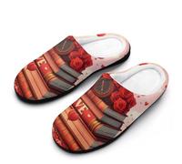 Valentines Love Books Roses Ballons Men's House Slippers Memory Foam Washable Cotton Slip on Home Shoes