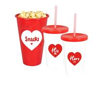 Valentines Movie Night At Home Date Night Set,Re-Usable Popcorn Holder, and 2 Cups with Straws 9717