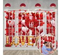 Valentines Photo Backdrop 7x5FT Red Loveheart Balloons Wood Windows Photography Background Valentine's Day Decorations Supplies Selfile Wall Decor