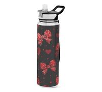Valentines Plaid Ribbon Bow Hearts Red Black Designed plastic sports bottles baseball for travelling Unique design decor working Travel Home Office 32 oz