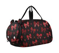 Valentines Plaid Ribbon Bow Hearts Red Black Duffel Bag with Shoes Compartment Lightweight Overnight Weekender Carry On Travel Bag for Travel, Swimming, Dance, Ballet bolsas de viaje