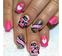Valentines Press on Nails Medium Square Fake Nails Pink Black False Nails with Designs XOXO Kiss Heart Glossy Stick on Nails Glue on Nails Valentines Nails Acrylic Nails for Women Girls 24 Pcs