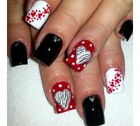 Valentines Press on Nails Short Square Fake Nails with Red Black Heart Designs Stick on Reusable - 24 Pcs Love Day Kit for Women WYFHDT