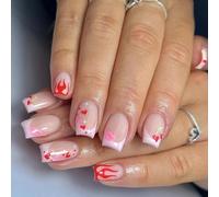 Valentines Press on Nails Short Square French Tip Fake Nails Pink Full Cover Red Pink Heart Lips Cherry False Nails with Designs Glossy Glue on Nails Acrylic Artificial Nails for Women Girls 24Pcs