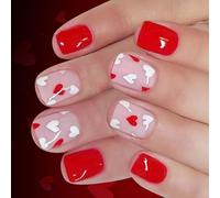 Valentines’s Day Glossy False Nails 24pcs Square Short Styles Red White Heart Design for Special Occasions Red White Short Nails