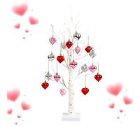 Valentines Tree - Romantic Glow Birch Decoration with Timer - 24 LED Lamp Tree Light with 18 Heart Shaped Ornaments | for Valentine's Day Dating Wedding Party