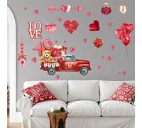 Valentines Wall Decals Red Truck Balloon Rose Wall Stickers Love Heart Decals for Window Bedroom Living Room Wedding Anniversary Decor