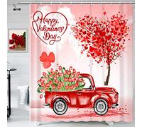 Valentines's Day Truck Flower Shower Curtain, Happy Valentine's Day Red Loving Hearts Tree Romantic Shower Curtains for Bathroom Decor, Fabric Waterproof Bath Curtain Sets with Hooks, 72 X 72 Inch