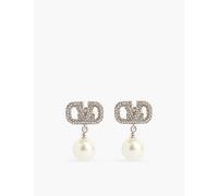 Valentino Garavani Womens Cream Crystal Shade Vlogo Crystal-embellished Brass and Faux-pearl Drop Earrings