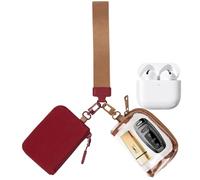 Valentoria Mini Zip Keychain Wristlet Wallets Clear Dual Pouch Wristlet for Car Key AirPods Case Cover Coin Purse Pocket Preppy Cute Stuff Travel Essentials (Clear Brown+Wine Red)