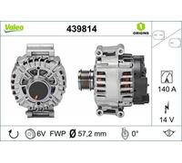 VALEO 439814 Alternator Alternator Charge current: 140 Amp Grooves: 6 grooves Pulley diameter: 57,2 mm Voltage: 14 V Rotation direction: CLOCKWISE