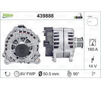 VALEO 439888 Alternator Alternator Charge current: 180 Amp Grooves: 6 grooves Pulley diameter: 50,5 mm Voltage: 14 V Rotation direction: CLOCKWISE