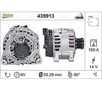 VALEO 439913 Alternator Alternator Charge current: 150 Amp Grooves: 6 grooves Pulley diameter: 55 mm Voltage: 14 V Rotation direction: CLOCKWISE