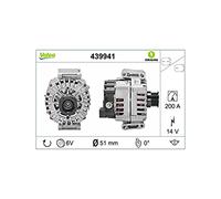 VALEO 439941 Alternator Alternator Charge current: 200 Amp Grooves: 6 grooves Pulley diameter: 51 mm Voltage: 14 V Rotation direction: CLOCKWISE