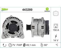 VALEO 443280 Alternator Alternator Charge current: 150 Amp Grooves: 7 grooves Pulley diameter: 49,1 mm Voltage: 14 V Rotation direction: CLOCKWISE