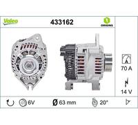 VALEO 433162 Alternator Alternator Charge current: 70 Amp Grooves: 6 grooves Pulley diameter: 66 mm Voltage: 14 V Rotation direction: CLOCKWISE