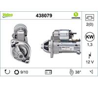 VALEO 438079 Starter Power: 1,3 kW Stop & Start: NO Number of teeth: 9 teeth Voltage: 12 V Rotation direction: CLOCKWISE
