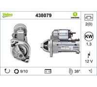 VALEO 438079 Starter Power: 1,3 kW Stop & Start: NO Number of teeth: 9 teeth Voltage: 12 V Rotation direction: CLOCKWISE